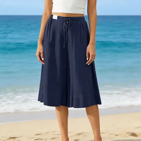 Women Casual Wide Leg Capri Pants Cotton Blend Drawstring Elastic Waist Culottes High Waist Loose Summer Beach Fashion Bottom
