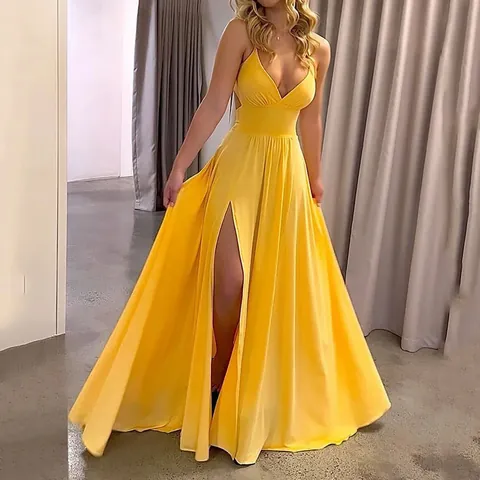 Women Sexy V-Neck Backless Maxi Dress Sleeveless Spaghetti Strap High Split Long Beach Sun Dress For Summer Party Elegant Solid Color Polyester