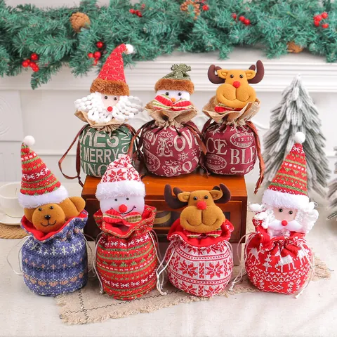 Christmas Knitted Drawstring Gift Bag Cartoon Santa Reindeer Snowman Burlap Candy Bag For Christmas Eve Apple Packaging