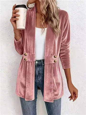 Women Gold Velvet Mid-Length Cardigan Loose Shawl Collar Double Breasted Knitted Top For Casual Retro Fashion Autumn