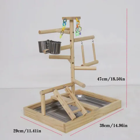 Soporte de Madera para Loros Plataforma de Entrenamiento con Tazas de Acero Inoxidable Escalera Columpio para Aves