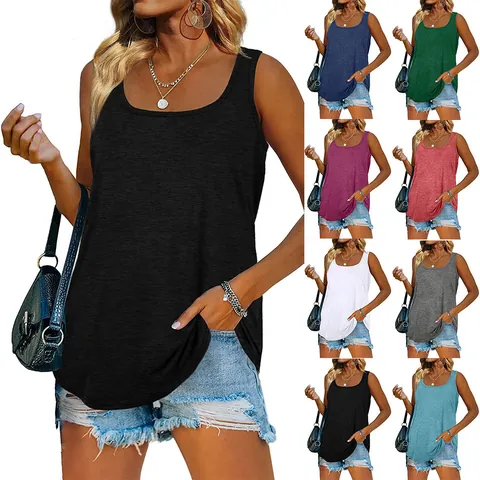 Women Square Neck Sleeveless Tank Top Colored Cotton Casual Solid Color Summer T-Shirt Curved Hem Top for Women