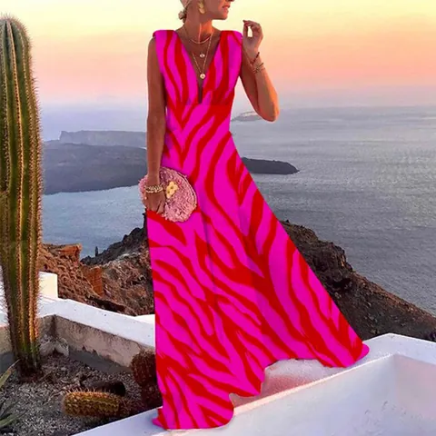 Damen Französischer Stil Tiefer V-Ausschnitt Ärmellos Maxikleid Polyester Floral Geometrischer Druck Sommer Strand Party Kleid