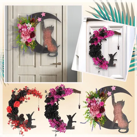 Guirnalda de Gato Luna Creciente de Halloween Adorno Colgante de Rosa Artificial Gótica Decoración de Pared Misteriosa para Hogar Fiesta