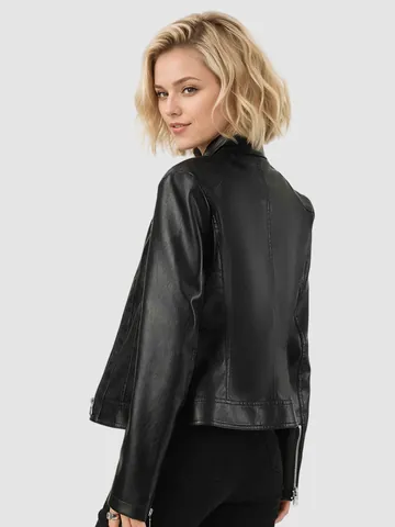 Dames Slim Fit Kunstleer Moto Jas Opstaande Kraag Biker Jas Met Ritszakken Lange Mouw Casual Bovenkleding Voor Dames