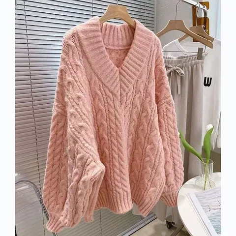 Maglione da Donna Oversize Scollo a V Lavorato a Trecce Ispessito Pullover Largo Manica Lunga Caldo Maglia per Autunno Inverno