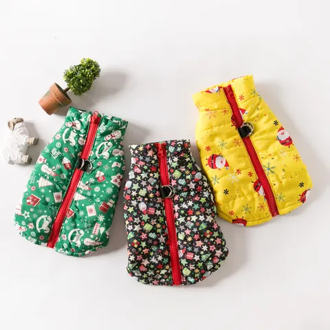 Pet Dog Christmas Padded Vest Quilted Warm Winter Jacket With Leash D-Ring Santa Snowman Printed Clothes For Small Dogs