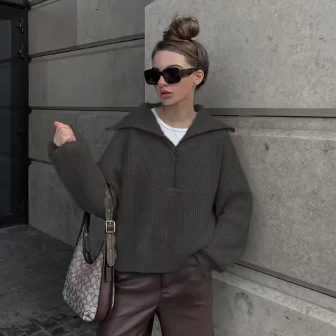 Women's Vintage Oversized V-Neck Quarter Zip Knit Sweater Loose Retro Long Sleeve Pullover Autumn Winter Casual Knitwear Top
