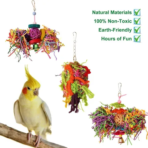 Parrot Bird Chewing Toy Set Colorful Paper Shreds Rattan Ball Wood Block Metal Bell Hanging Hook Bird Cage Accessories