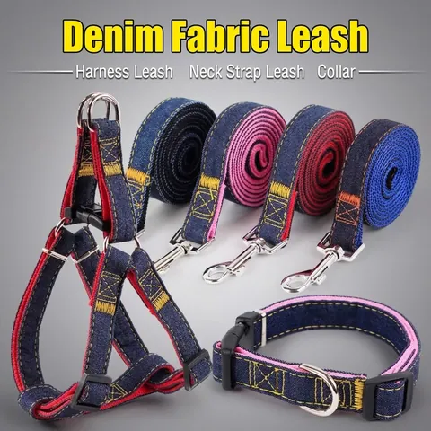 Adjustable Denim Pet Leash Harness Collar Set Contrast Stitching For Small Medium Large Dogs Outdoor Walking Heavy Duty Durable Pet Supplies