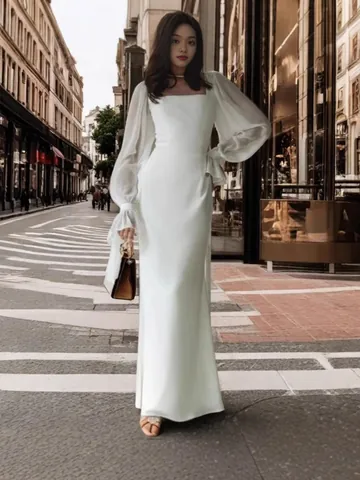 Women Elegant Square Neck Long Sleeve Mermaid Wedding Dress Slim Fit Floor Length Evening Gown Trailing Party Dress