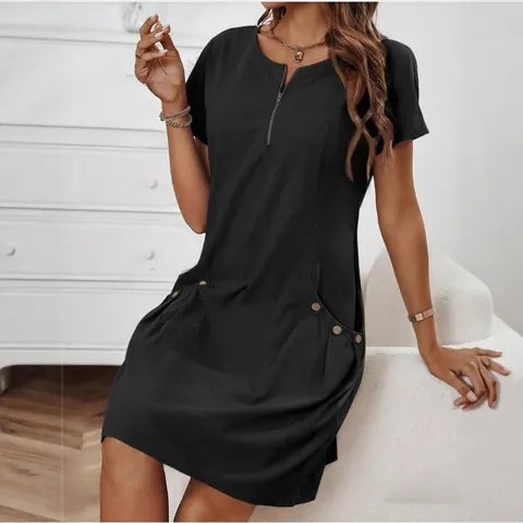 Women Casual Cotton Linen Short Sleeve Dress Zipper V Neck Midi Dress With Pockets Summer Solid Color Loose Fit Tunic Dress