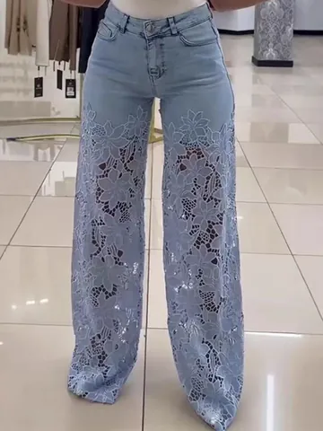 Women High Waist Lace Splicing Wide Leg Jeans Hollow Out Floral Pattern Denim Pants Summer Casual Long Trousers