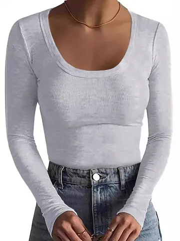 Women's Sexy Slim Fit Ribbed Long Sleeve T-Shirt Solid Color Round Neck Basic Casual Base Layer Top