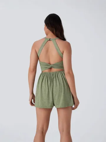 Women Sleeveless Halter Romper Backless Twist Knot Drawstring Elastic Waist Casual Exercise Dress With Built-in Shorts Sexy Halter Neck Jumpsuit