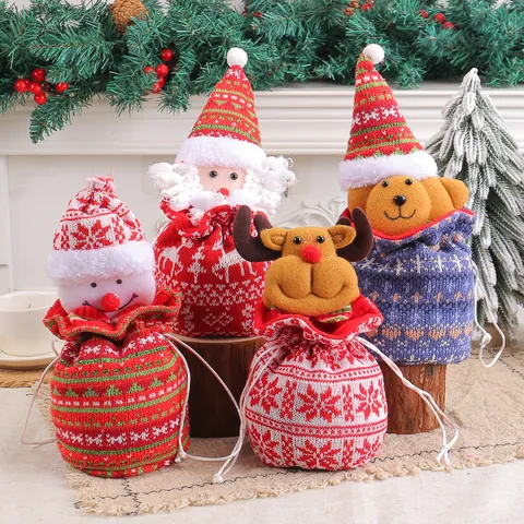 Christmas Knitted Drawstring Gift Bag Cartoon Santa Reindeer Snowman Burlap Candy Bag For Christmas Eve Apple Packaging