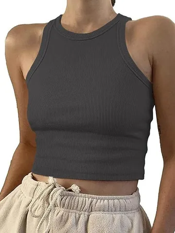 Women Cropped Ribbed Tank Top Sleeveless Round Neck Slim Fit Sexy Solid Color Summer Vest Top For Daily Wear Streetwear