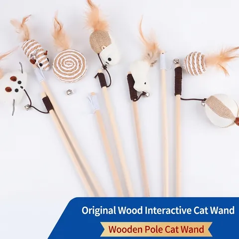 Natural Wooden Cat Teaser Wand Interactive Pet Toy With Feathers Bell And Linen Mouse Pumpkin Chick Shapes For Cats Exercise