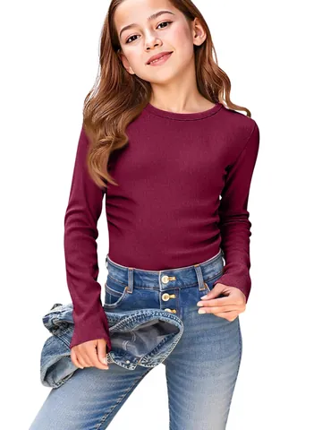 Girls Long Sleeve Ribbed T-Shirt Crew Neck Slim Fit Casual Basic Knitted Polyester Top For Kids Teens Solid Color Apparel
