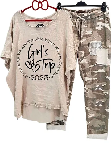 Women Casual Polyester Two Piece Set Printed Top And Camouflage Pants Summer Leisure Suit Top And Bottom Clothing