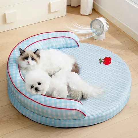 Sommer Kühlendes Haustierbett Sofa Für Kleine Mittlere Hunde Katzen Atmungsaktiv Kariert Kirsche Panda Stickerei Waschbare Schlafmatte