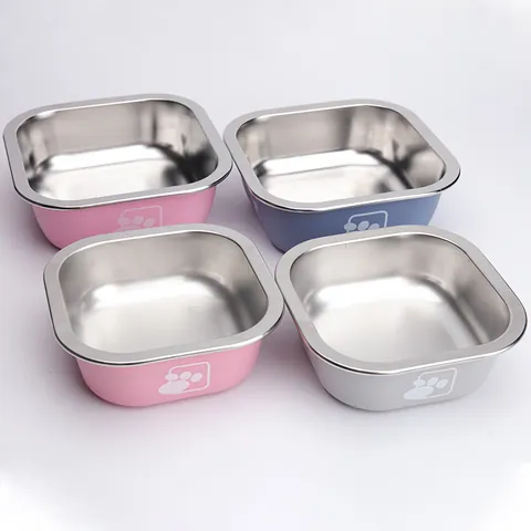Stainless Steel Square Pet Bowl Anti-Slip Dog And Cat Food Water Dish Printed Large Capacity Feeding Bowl For Puppy Kitten