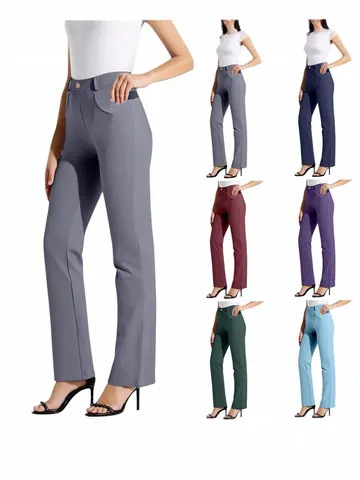 Women High Waist Straight Leg Trousers Solid Color Elastic Waist Office Casual Yoga Pants With Pockets Bottom