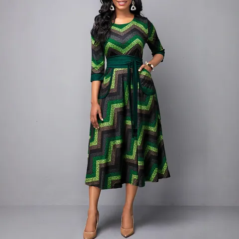 Women Plus Size Chevron Print Maxi Dress Round Neck 3/4 Sleeve High Waist Belted A-Line Big Swing Casual Party Long Dress