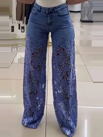 Women High Waist Lace Splicing Wide Leg Jeans Hollow Out Floral Pattern Denim Pants Summer Casual Long Trousers