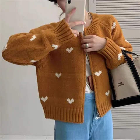Gilet en Maille Jacquard à Cœur pour Femmes Col Rond Fermeture Éclair Manches Longues Pull en Acrylique Polyester Top