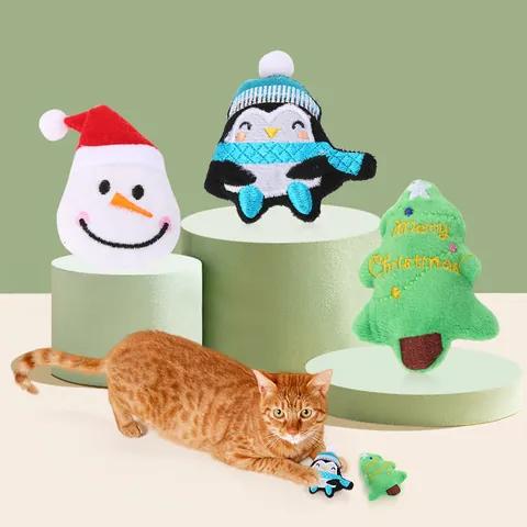 Christmas Series Cat Plush Toys With Catnip Interactive Snowman Penguin Christmas Tree Shapes Soft Stuffed Pet Chew Toys