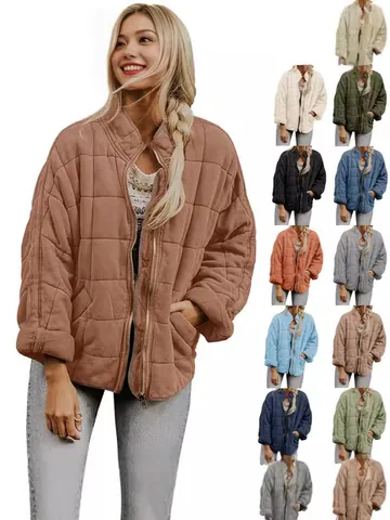 Women's Solid Color Stand Collar Cotton Padded Jacket Loose Zip Up Quilted Jacket Casual Long Sleeve Puffer Coat Top