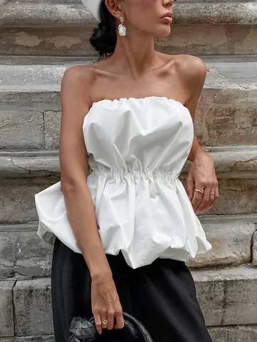 Damen Sexy Baumwolle Schlauchtop Tailliert Schulterfrei Gerafft Peplum Camisole Weste Sommer Ärmellos Elegant Einfarbig Spicy Girl Top