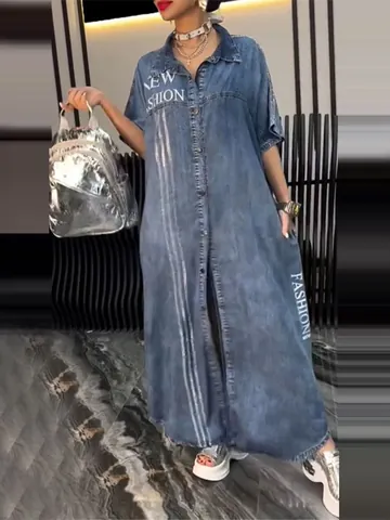 Women's Letter Print Polyester Shirt Dress Lapel Single Breasted Maxi Casual Short Sleeve Loose Distressed Fashion Streetwear Summer