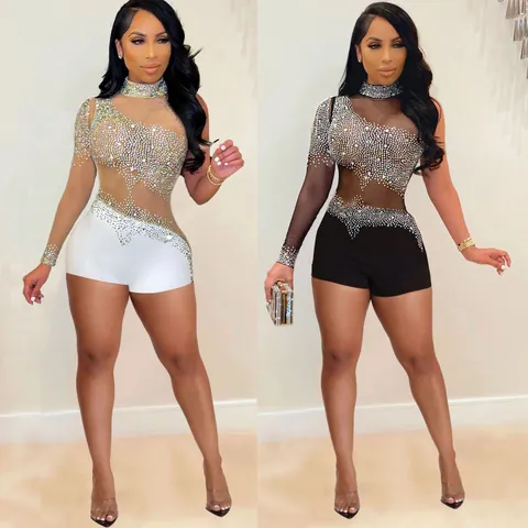 Women Sexy Rhinestone Bodysuit One Shoulder Mesh Patchwork Clubwear Jumpsuit Glitter Nightclub Romper Top And Bottom