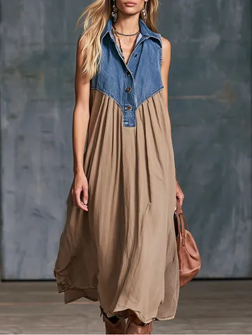 Dames Denim Patchwork Maxi Jurk Mouwloos Revers Knoopsluiting Khaki Luipaardprint Elegante Stedelijke Lange Jurk