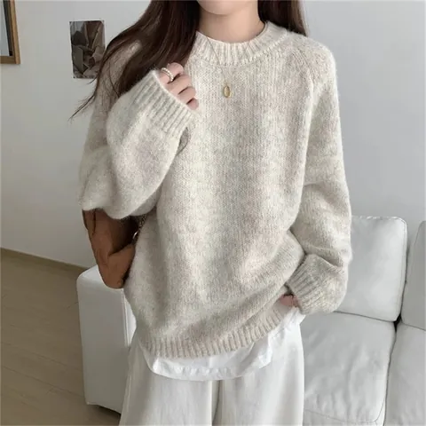 Dames Casual Japanse Luie Stijl Ronde Hals Pullover Trui Zachte Havermout Grijs Gebreide Top Voor Herfst Winter