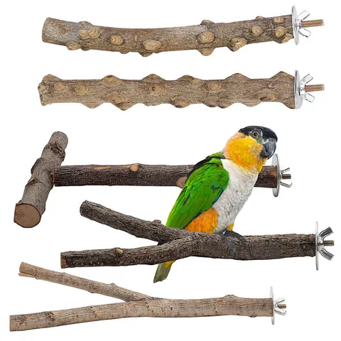 Natural Wood Bird Perch Stand Set Branch Cage Accessories Perching Platform Chewing Toys For Parakeets Cockatiels Conures Small Birds