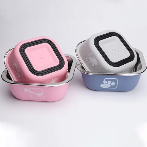 Stainless Steel Square Pet Bowl Anti-Slip Dog And Cat Food Water Dish Printed Large Capacity Feeding Bowl For Puppy Kitten