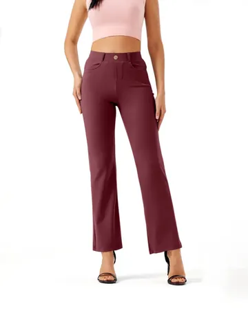 Women High Waist Straight Leg Trousers Solid Color Elastic Waist Office Casual Yoga Pants With Pockets Bottom