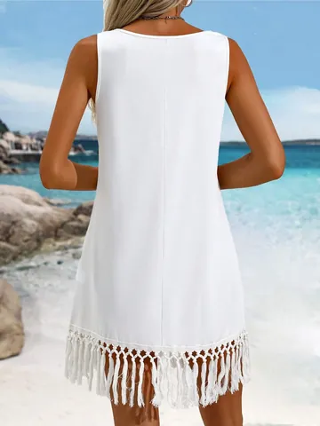 Abito da Donna Senza Maniche Tinta Unita Con Orlo a Nappine Copricostume da Spiaggia Estivo Lavorato a Maglia Abito Bohemian Bianco Nero