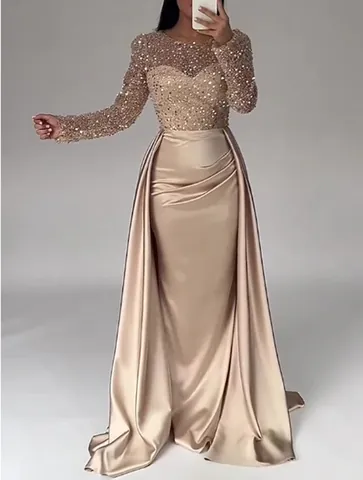 Robe de Soirée Sirène en Satin à Paillettes Style Français Manches Longues Élégante Robe de Bal Femme Or Rose