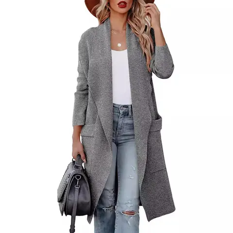 Damen Langarm Offene Strickjacke Mantel Casual Polyester Mantel Mit Taschen Einfarbig Herbst Winter Oberbekleidung