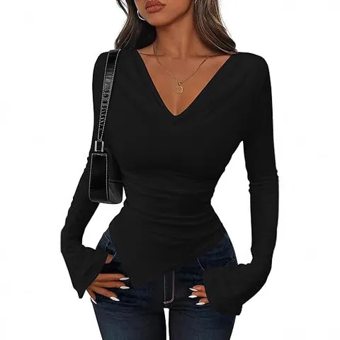 Women Sexy Cowl Neck Asymmetric Hem Long Sleeve Top Slim Fit Solid Color Polyester Spandex T-Shirt Casual Fall Spring Tee