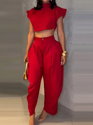 Women Fashion Polyester Top And Bottom Set Solid Color High Waist Wide Leg Pants And Crop Top For Summer Commute Office