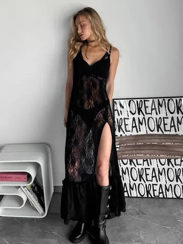 Women Sexy See-Through Lace Maxi Dress V-Neck Backless Spaghetti Strap High Split Night Out Party Nylon Spandex Long Dress