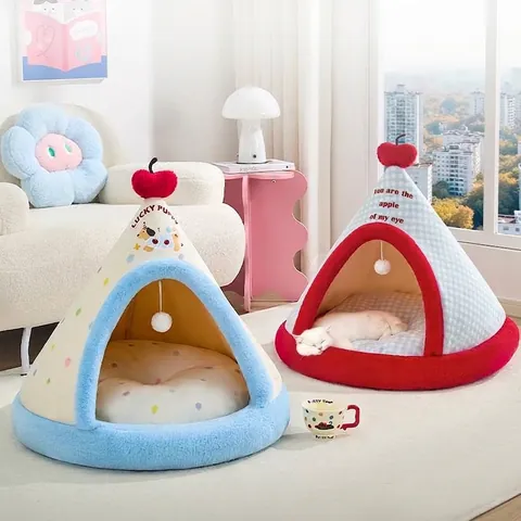 Lit Tente Fermé pour Chats Petits Chiens Maison pour Animaux Intérieur Hiver Chaud Design Plaid Ours Lavable Peluche Douce