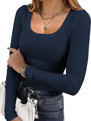 Maglietta Aderente a Costine da Donna Scollo Quadrato Top a Manica Lunga Poliestere Spandex Tinta Unita Casual Basic