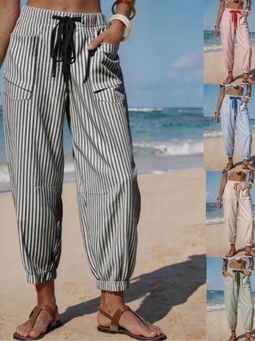 Women's Summer Polyester Striped Jogger Pants Drawstring Elastic High Waist Casual Beach Trousers With Pockets