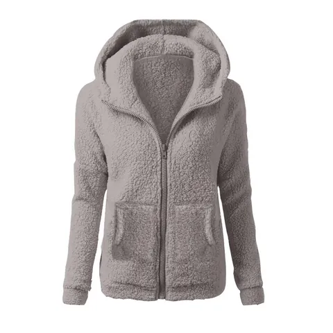 Women Fashion Solid Color Sherpa Fleece Hoodie Full Zipper Loose Fit Plush Jacket Hooded Sweatshirt Top Warm Outerwear